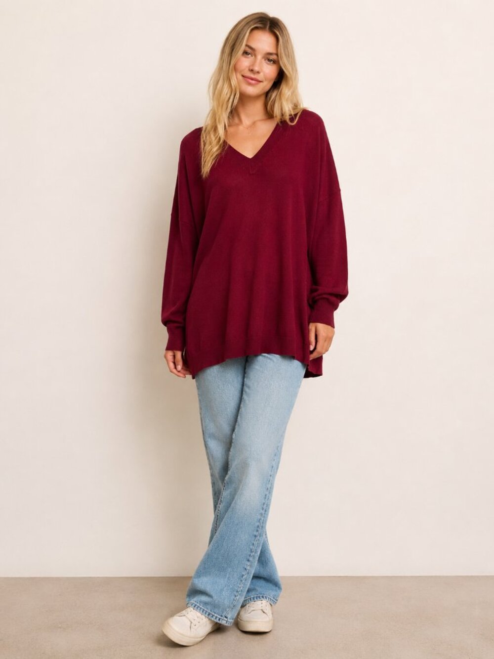 2/$30 Lulus Oversized V-Neck Tunic Pullover Sweater Burgundy XS/ S #A2997